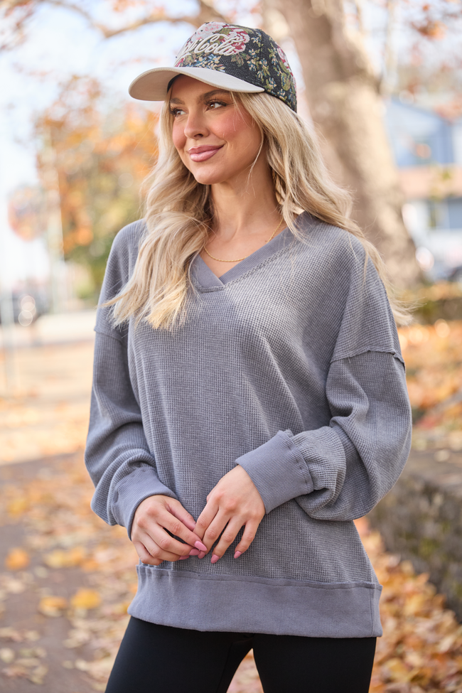 Cruz Oversized V-Neck Waffle Knit Charcoal Pullover