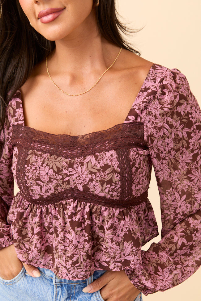 Ann Maria Brown And Pink Lace Trim Floral Blouse