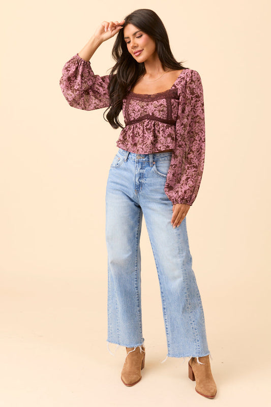 Ann Maria Brown And Pink Lace Trim Floral Blouse