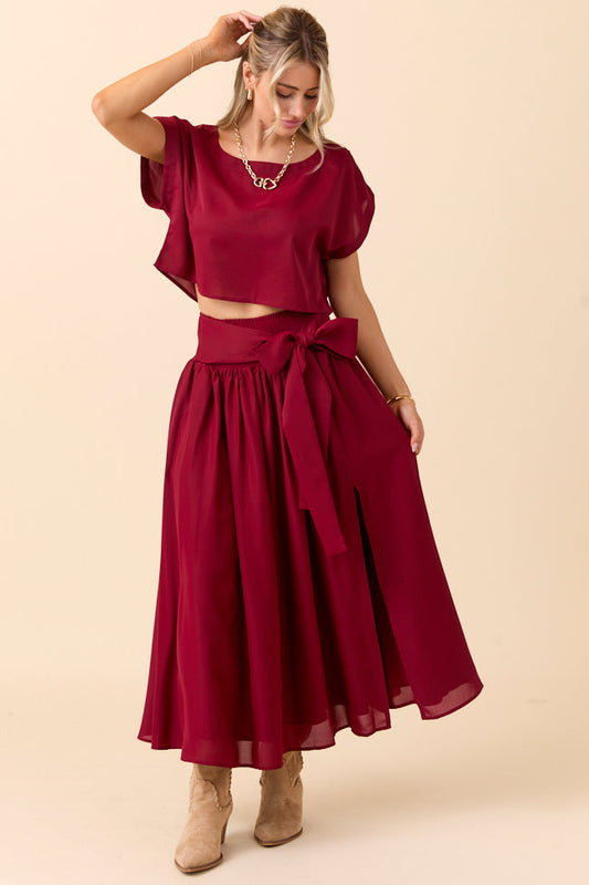 Cleo Burgundy Tie Front Skirt Set FINAL SALE