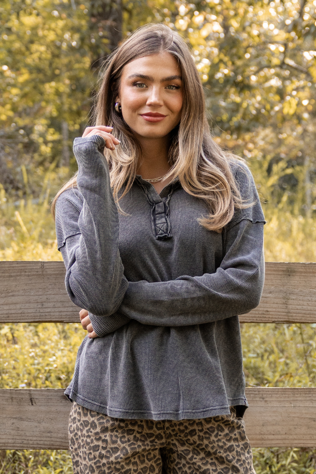 Leaf Your Worries Black Acid Washed Waffle Collared Top