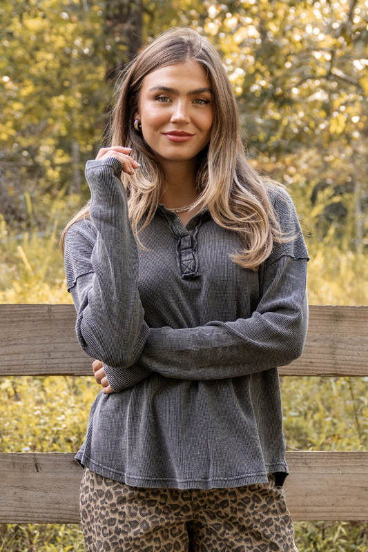 Leaf Your Worries Black Acid Washed Waffle Collared Top