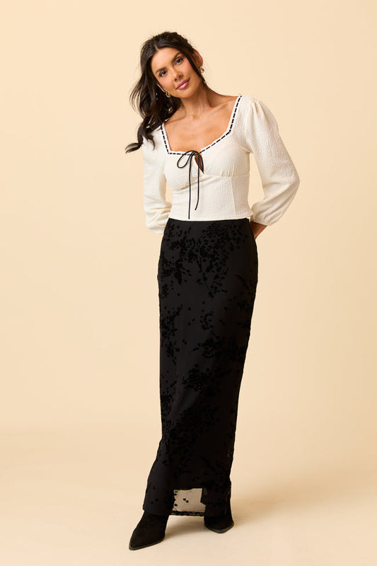 Nola Black Flocked Maxi Skirt