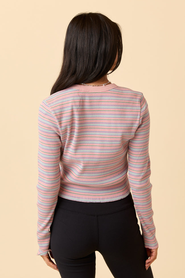 Keiko Pink Multi Striped Long Sleeve Crewneck Top