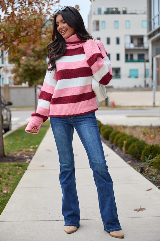 Shaylee Pink And Berry Stripe Turtleneck Sweater SALE