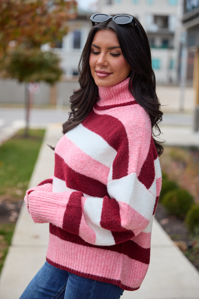 Shaylee Pink And Berry Stripe Turtleneck Sweater SALE
