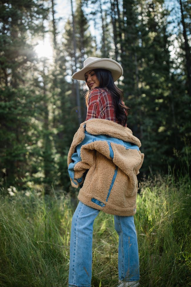 Picking Sides Medium Wash Sherpa Detail Oversized Denim Jacket SALE