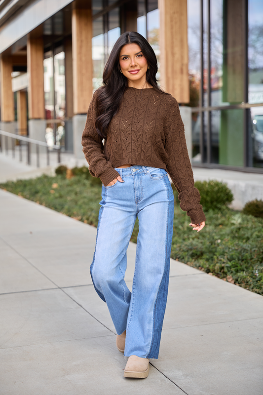 Remy Brown Cropped Cable Sweater