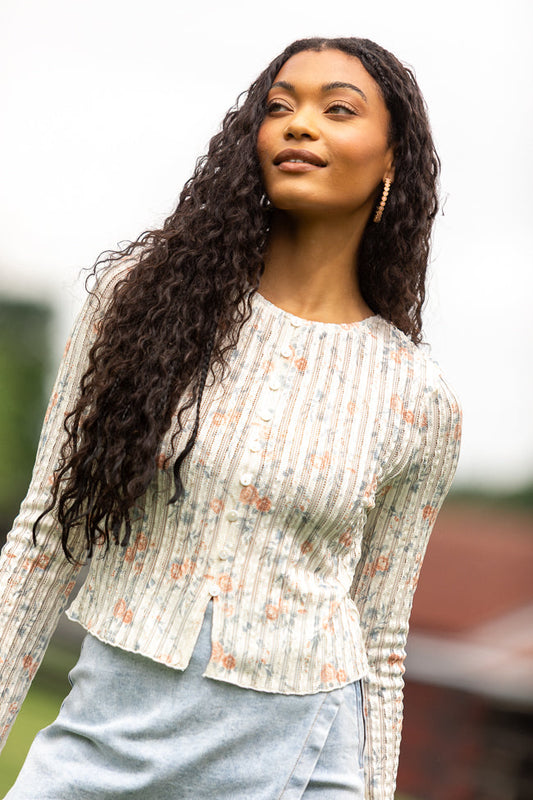 London Button Detail Floral Long Sleeve Knit Top FINAL SALE
