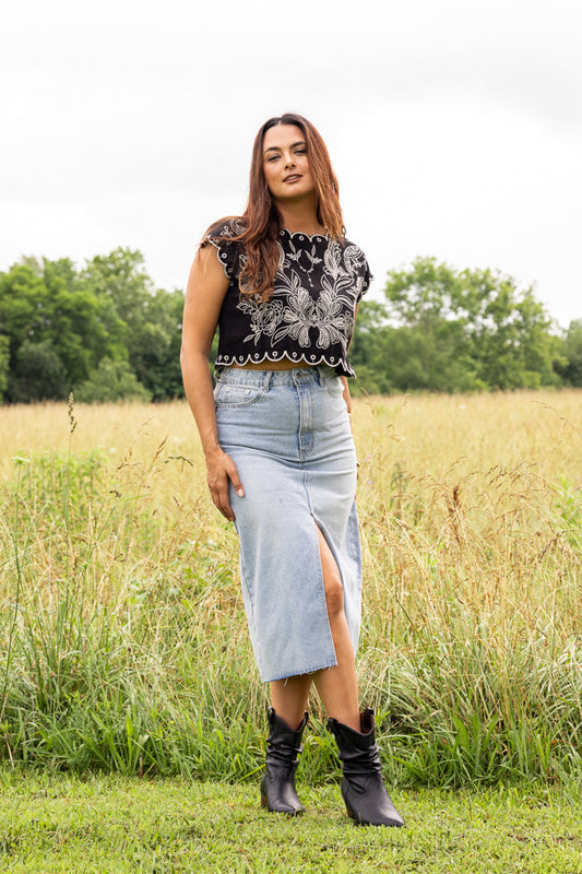 Mya Medium Wash Denim Midi Skirt FINAL SALE