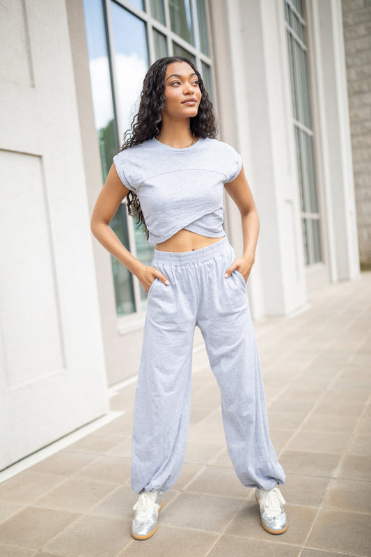 Tinley Heather Grey Lounge Crossover Cap Sleeve Tee