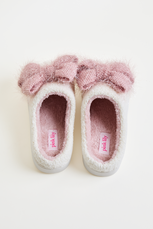 Cozi Pink Tinsel Bow Shearling Slippers SALE