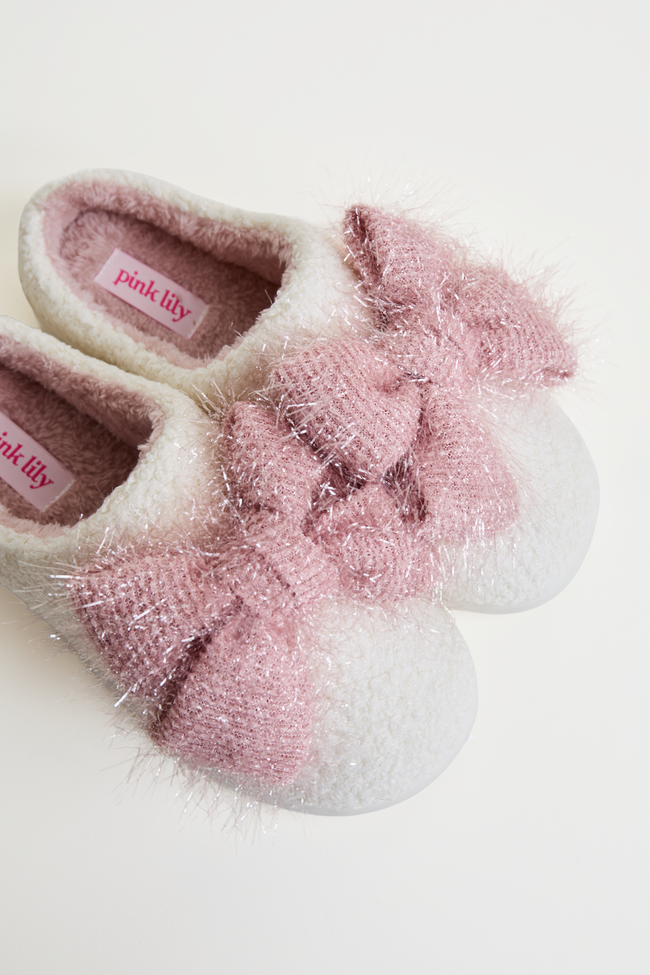 Cozi Pink Tinsel Bow Shearling Slippers SALE