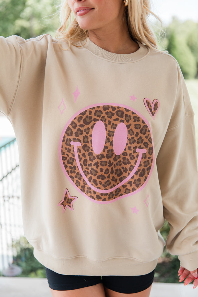 Leopard Smiley Face Cream Graphic Sweatshirt