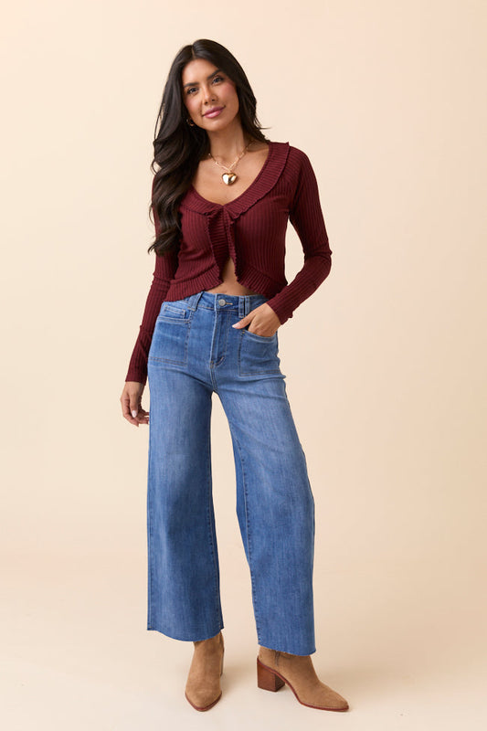 Linda Burgundy Ruffled Neckline Long Sleeve Knit Top