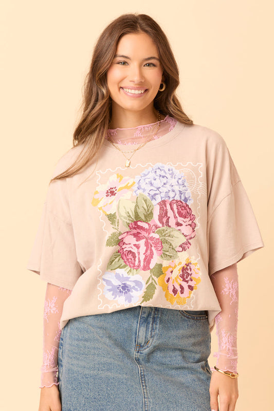 Floral Stamp Taupe Oversized Graphic Tee
