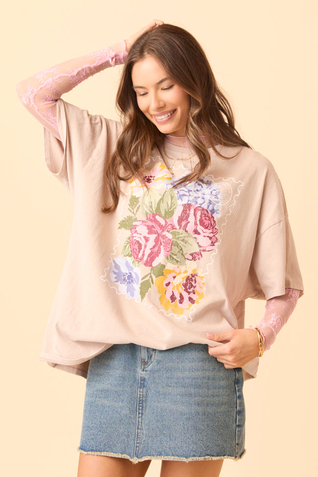 Floral Stamp Taupe Oversized Graphic Tee