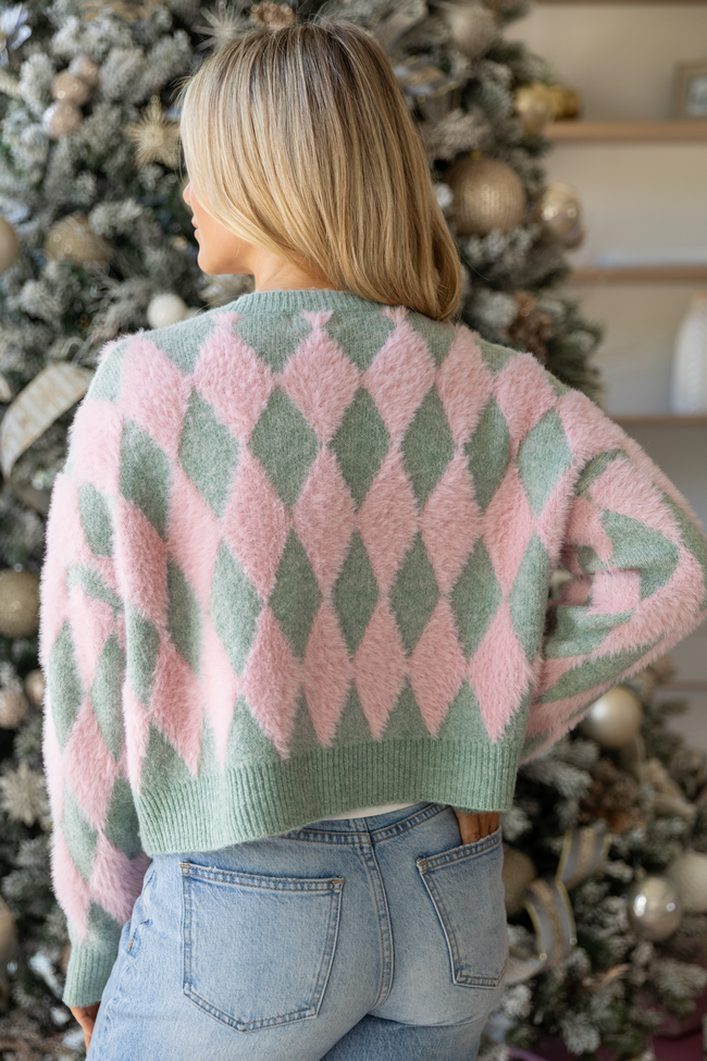 Peyton Long Sleeve Pink and Mint Argyle Cardigan SALE