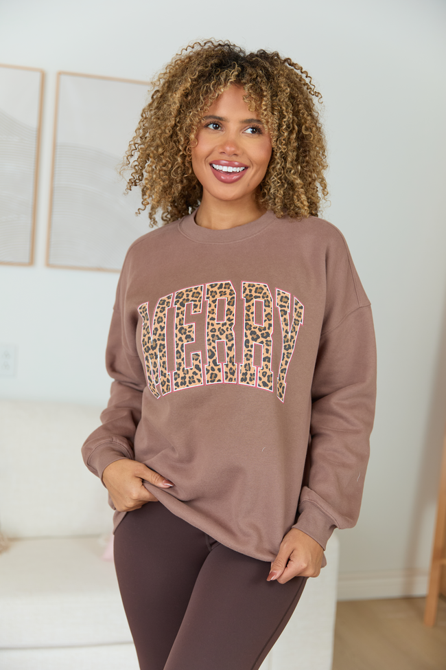 Merry Block Leopard Mocha Graphic Sweatshirt