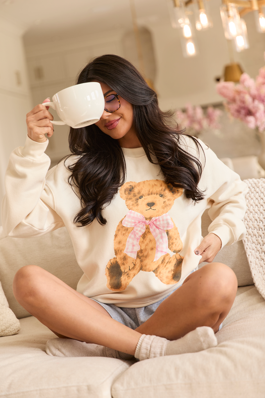 Vintage Teddy Bear Gingham Bow Cream Graphic Sweatshirt