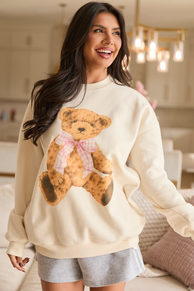 Vintage Teddy Bear Gingham Bow Cream Graphic Sweatshirt