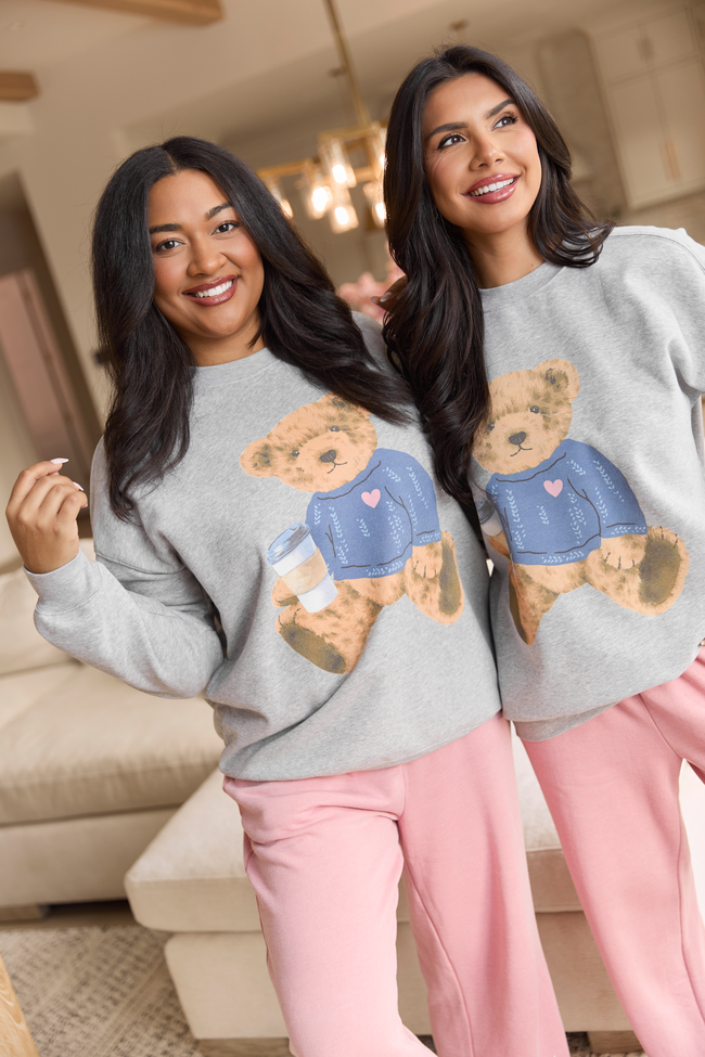 Vintage Teddy Bear Heart Sweater Light Grey Graphic Sweatshirt