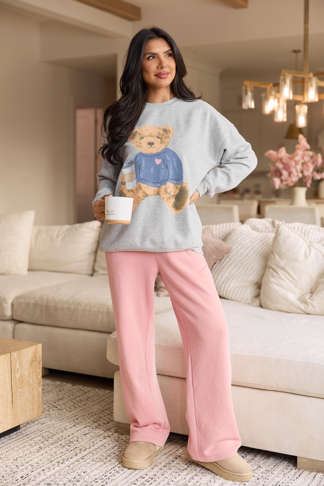 Vintage Teddy Bear Heart Sweater Light Grey Graphic Sweatshirt