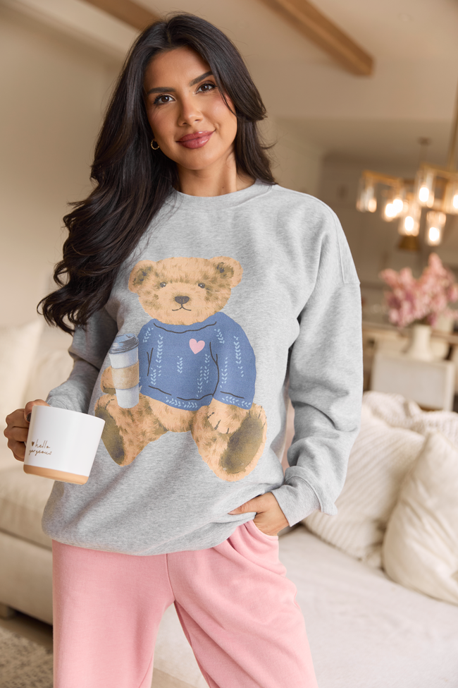 Vintage Teddy Bear Heart Sweater Light Grey Graphic Sweatshirt