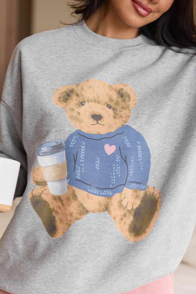 Vintage Teddy Bear Heart Sweater Light Grey Graphic Sweatshirt
