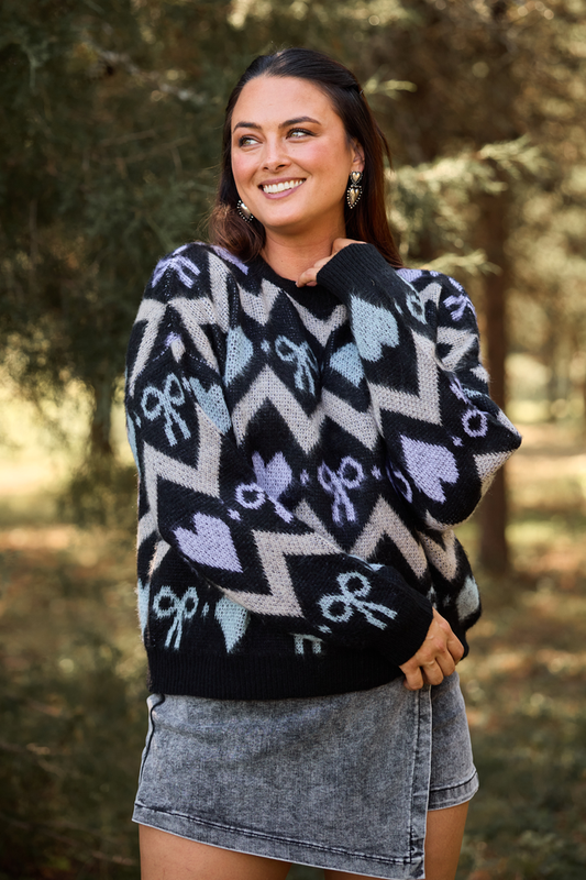 Annie Joy Black Blue Grey Hearts and Bows Sweater SALE