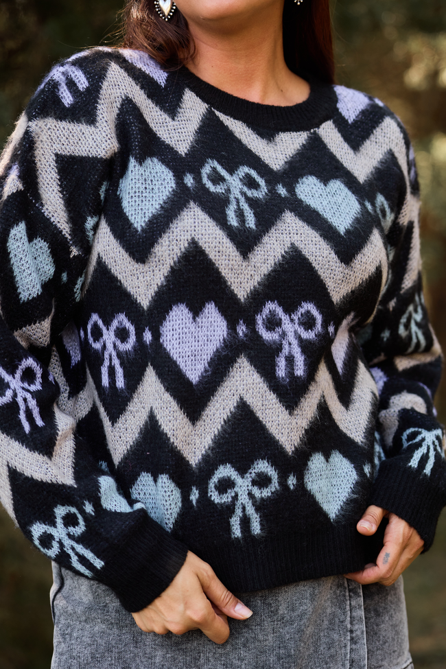 Annie Joy Black Blue Grey Hearts and Bows Sweater SALE