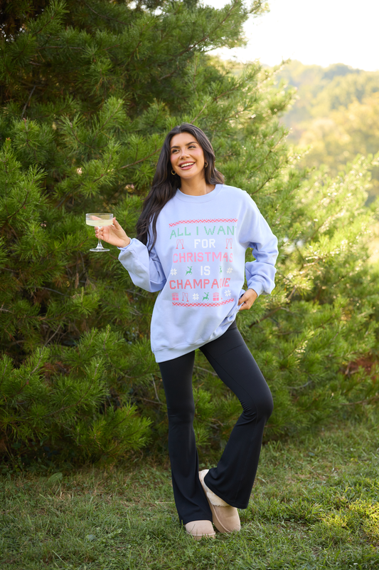 All I Want For Christmas Is Champagne Periwinkle Graphic Sweatshirt