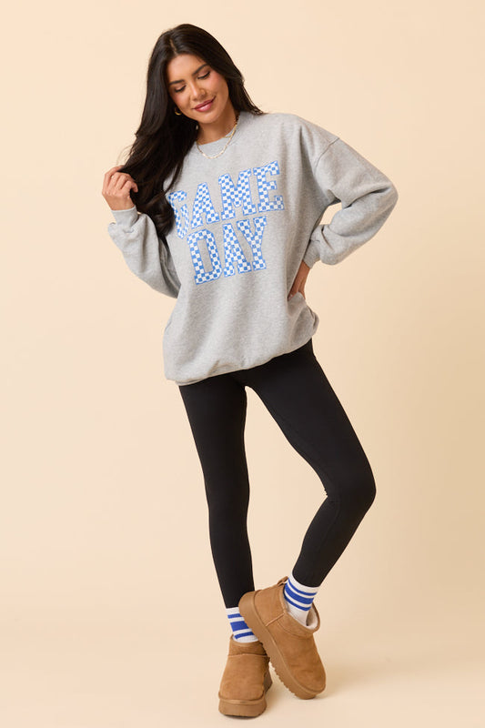 Checkered Blue Game Day Light Grey Graphic Sweatshirt