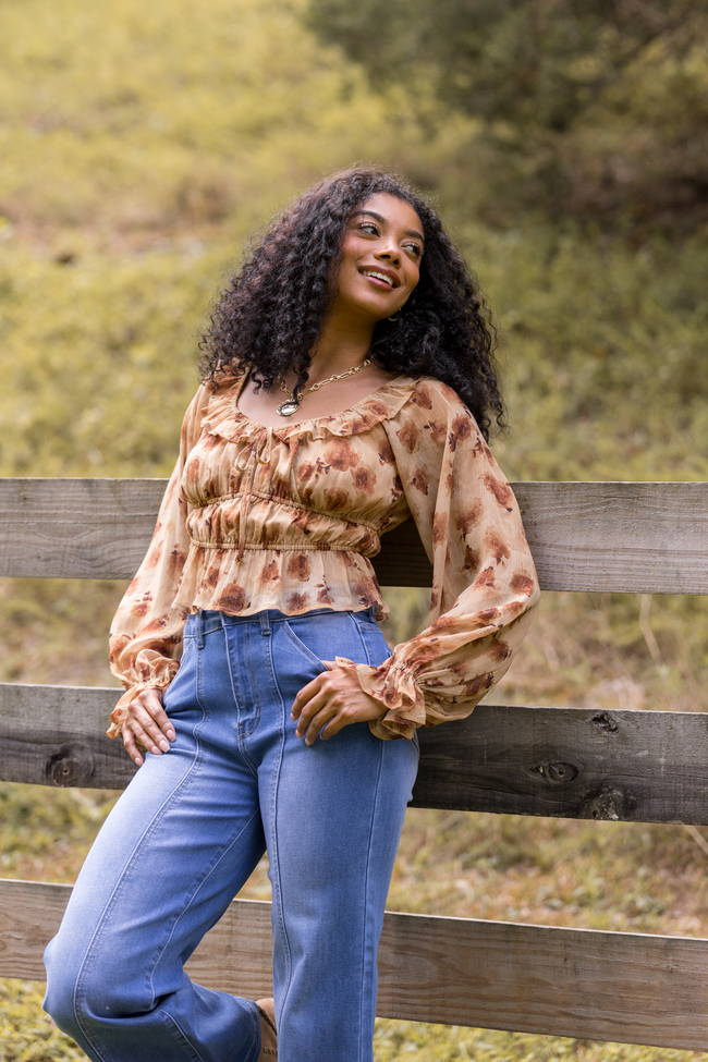 Melana Tan Ruched Ruffled Top