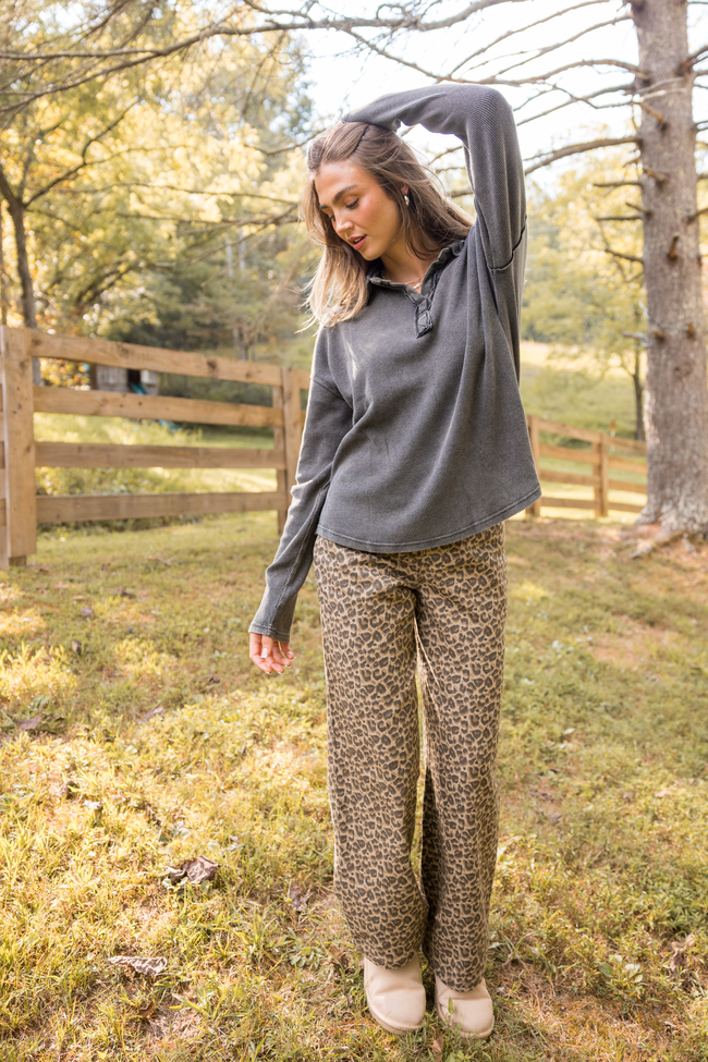 Leaf Your Worries Black Acid Washed Waffle Collared Top