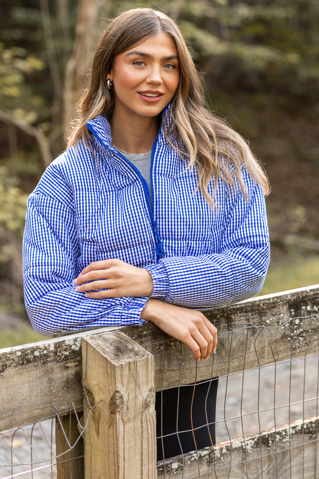 Paloma Navy Blue Gingham Zip Up Puffer Jacket SALE