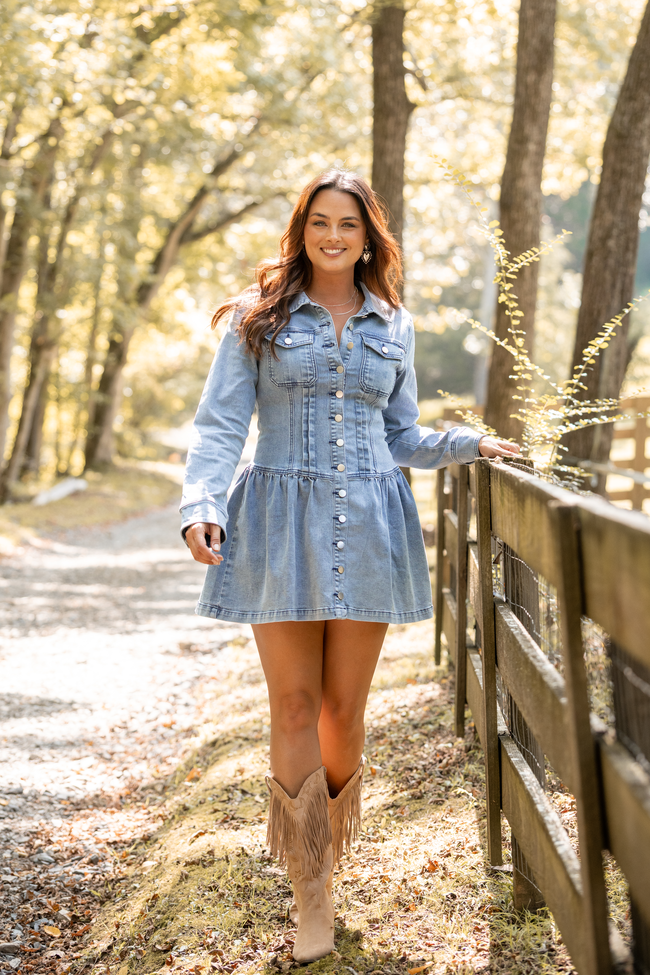 My Favorite Medium Wash Long Sleeve Button Front Mini Dress