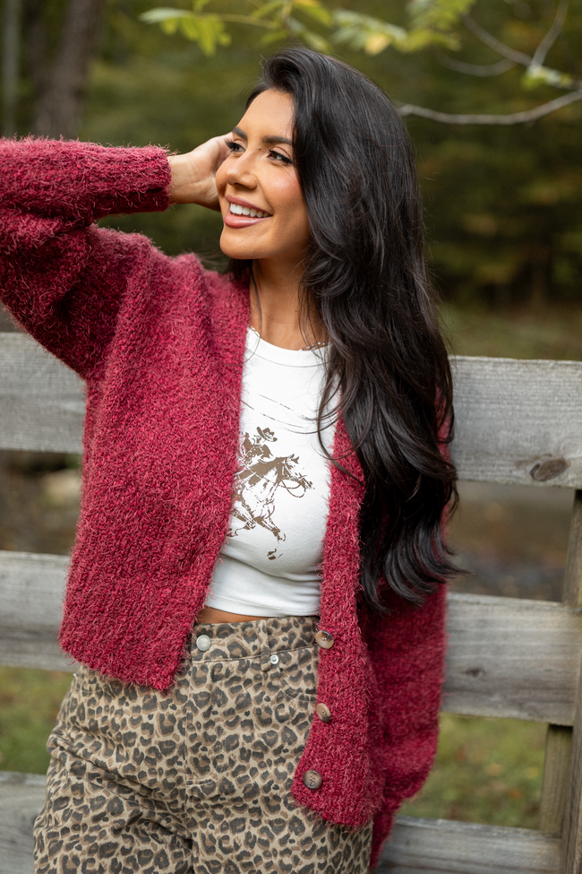 Jannie Burgundy Fuzzy Cropped Cardigan