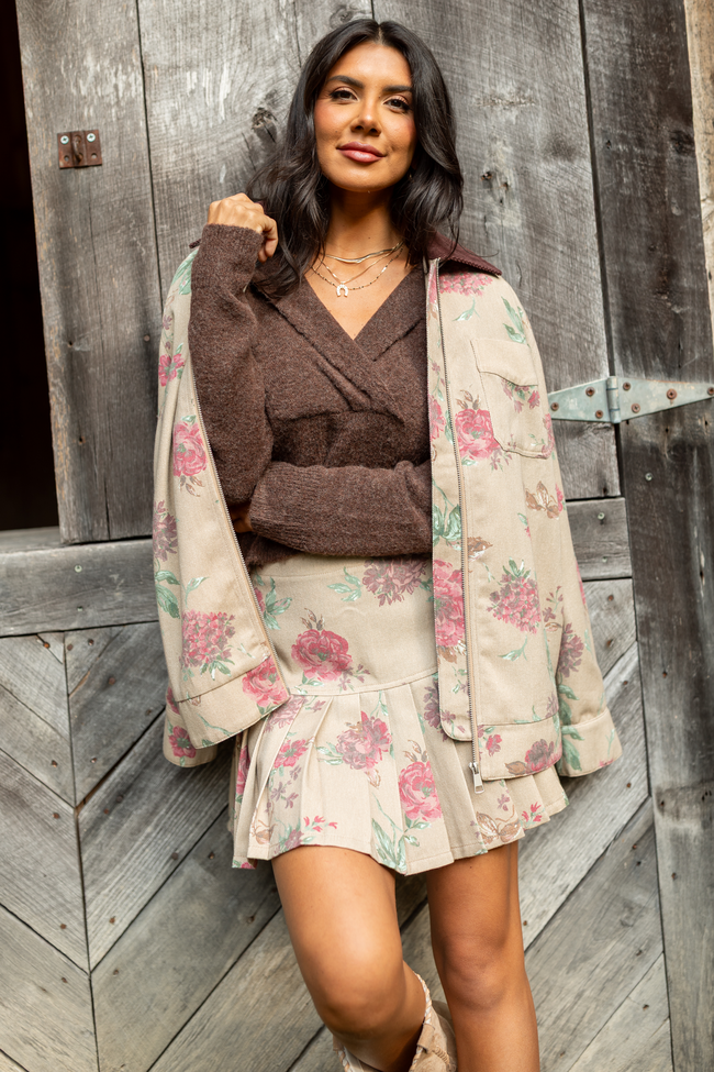 Lana Brown Floral Pleated Skirt