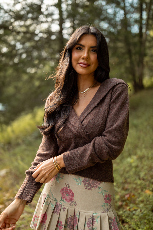 Kayce Brown Hooded V-Neck Surplice Sweater SALE