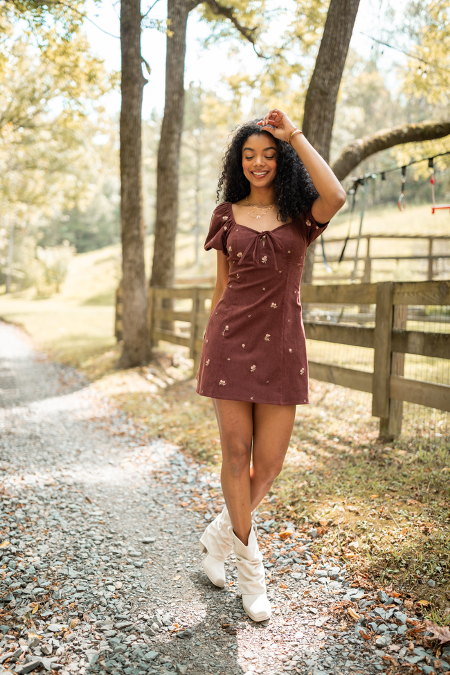 Leigh Brown Floral Embroidered Mini Dress