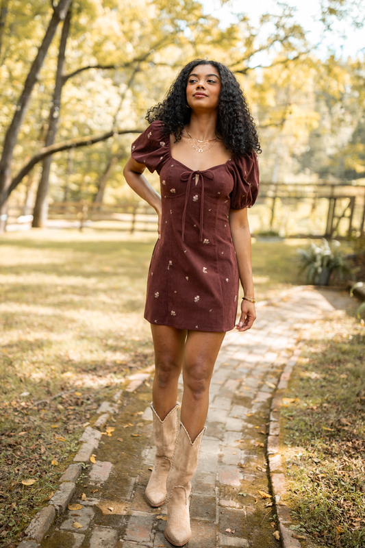 Leigh Brown Floral Embroidered Mini Dress