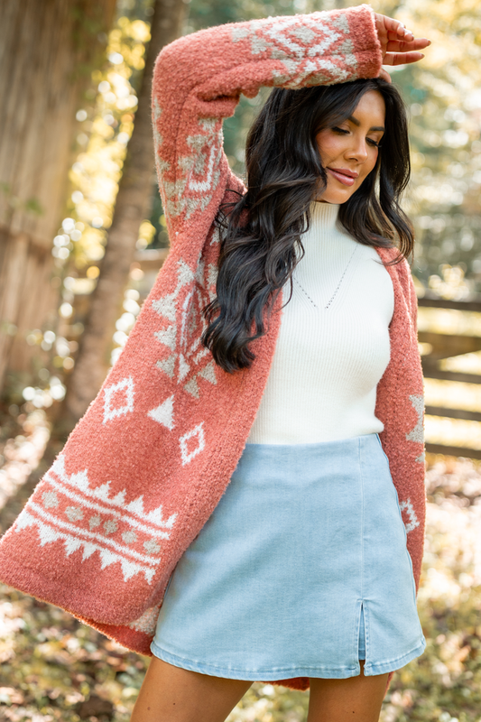 Traci Boucle Coral Southwestern Print Cardigan SALE
