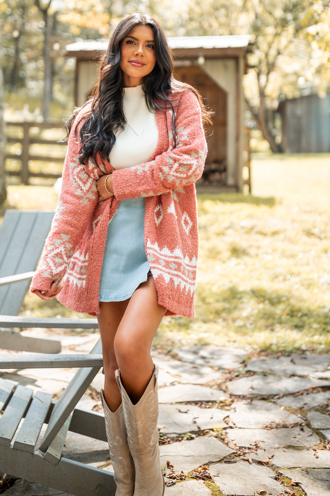 Traci Boucle Coral Southwestern Print Cardigan SALE
