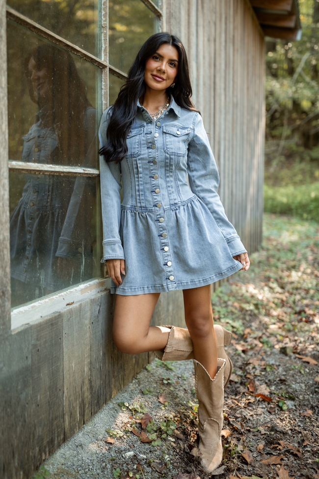My Favorite Medium Wash Long Sleeve Button Front Mini Dress