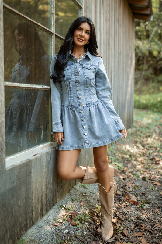 My Favorite Medium Wash Long Sleeve Button Front Mini Dress