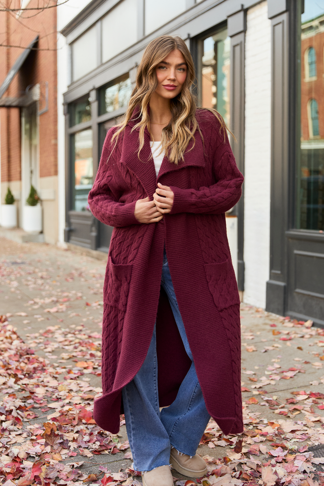 Keegan Burgundy Cable Knit Duster Cardigan SALE