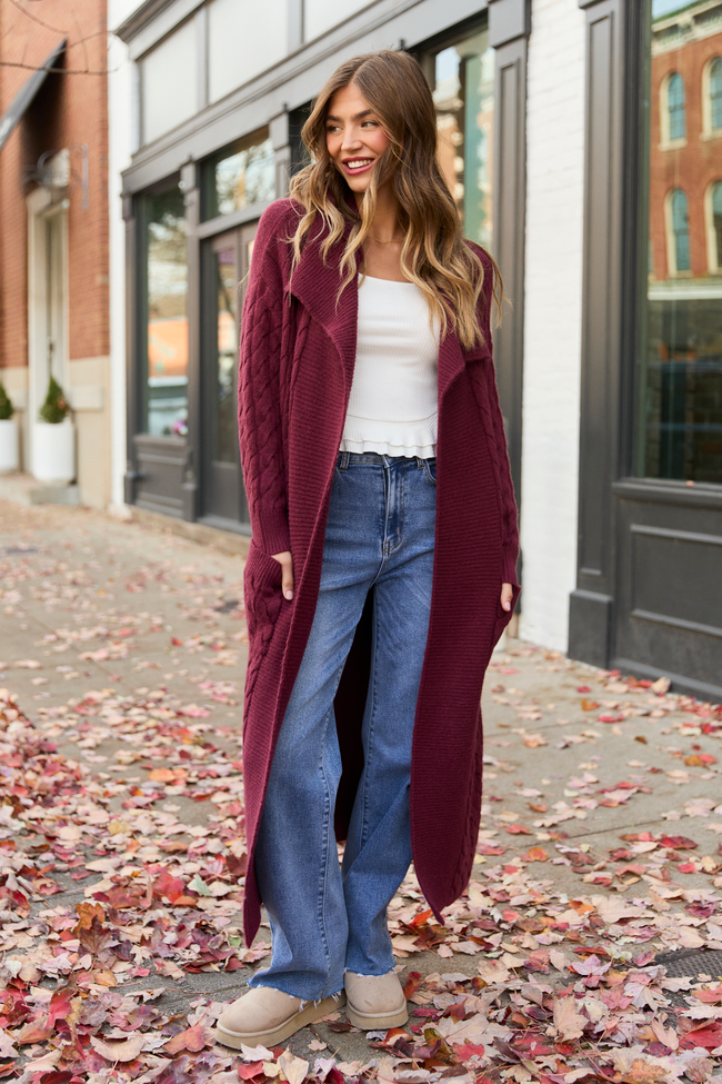 Keegan Burgundy Cable Knit Duster Cardigan SALE
