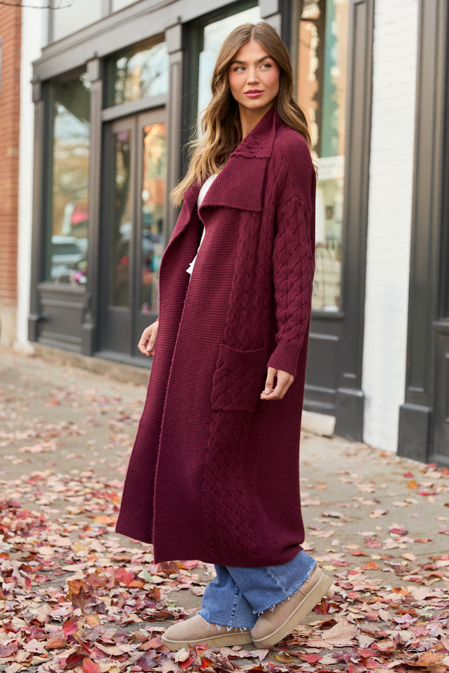 Keegan Burgundy Cable Knit Duster Cardigan SALE