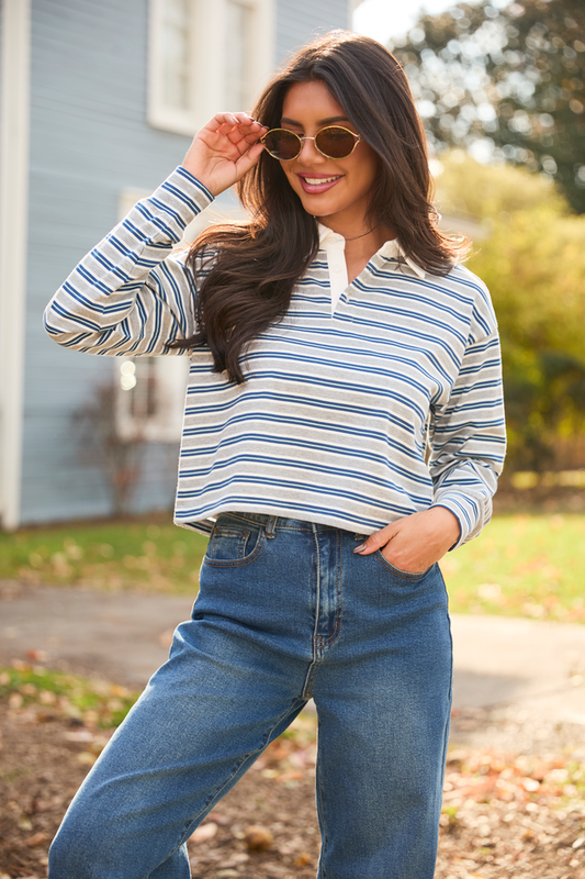 Charlie Blue and Grey Striped Collared Pullover